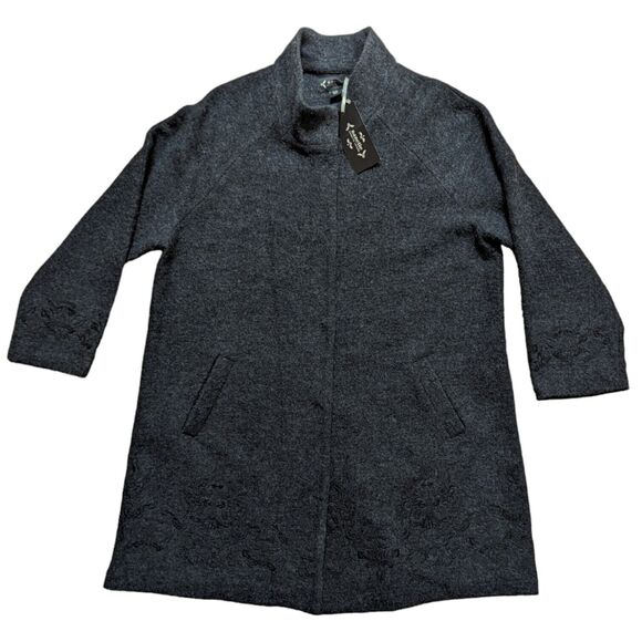 NWT Nanette Lepore 2XL 100% Wool Gray Embroidered Unlined Knee Length Coat - Picture 1 of 16